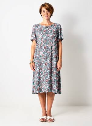 Robe mi-longue imprimé fleurs manches courtes bleu GEVANA femme