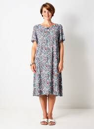 Robe mi-longue imprimé fleurs manches courtes bleu GEVANA femme