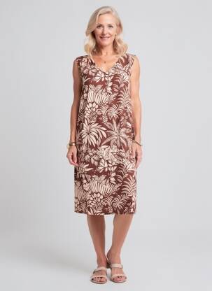 Robe mi-longue imprimé fleurs sans manche marron GEVANA femme