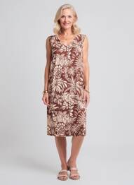 Robe mi-longue imprimé fleurs sans manche marron GEVANA femme