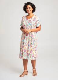 Robe mi-longue coupe fluide manches courtes blanc GEVANA femme