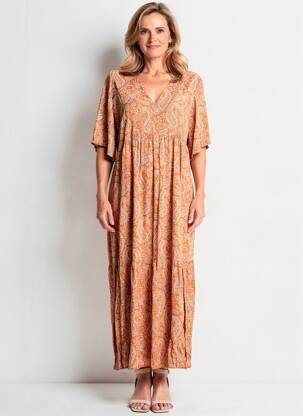 Robe longue imprimé fantaisie manches courtes marron GEVANA femme