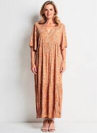 Robe longue imprimé fantaisie manches courtes marron GEVANA femme