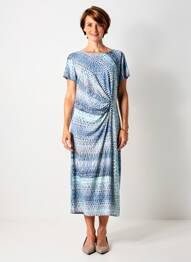 Robe mi-longue imprimé fantaisie manches courtes bleu GEVANA femme