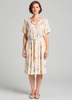 Robe mi-longue imprimé fantaisie manches courtes jaune GEVANA femme
