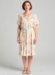 Robe mi-longue imprimé fantaisie manches courtes jaune GEVANA femme