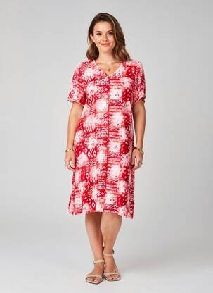 Robe mi-longue imprimé fantaisie manches courtes rouge GEVANA femme