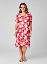Robe mi-longue imprimé fantaisie manches courtes rouge GEVANA femme