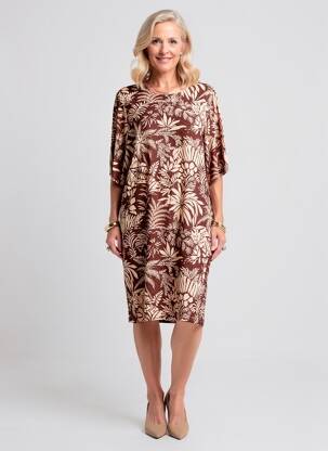 Robe mi-longue imprimé fantaisie manches courtes marron GEVANA femme