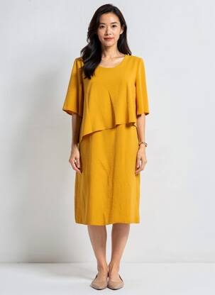 Robe mi-longue tissage crêpe manches courtes jaune GEVANA femme
