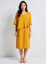 Robe mi-longue tissage crêpe manches courtes jaune GEVANA femme