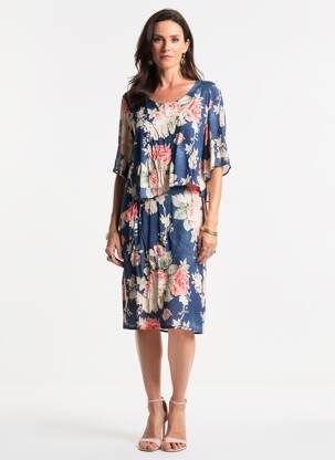Robe mi-longue imprimé fantaisie manches courtes bleu GEVANA femme