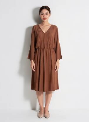 Robe mi-longue manches longues manches longues marron SENES femme