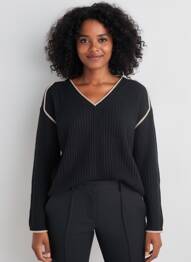 Pull col v manches longues noir MAJOLICA femme