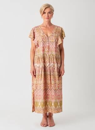 Robe mi-longue coupe fluide manches courtes beige GEVANA femme