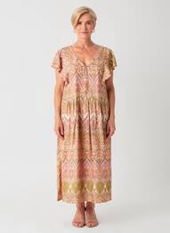 Robe mi-longue coupe fluide manches courtes beige GEVANA femme