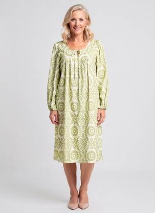 Robe mi-longue imprimé fantaisie manches longues vert GEVANA femme