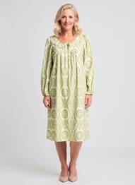 Robe mi-longue imprimé fantaisie manches longues vert GEVANA femme