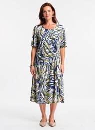 Robe mi-longue imprimé fantaisie manches courtes bleu GEVANA femme