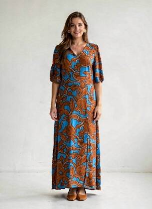Robe longue imprimé fantaisie manches courtes bleu B.YOUNG femme