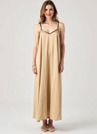 Robe longue manches bretelles ajustables fines bretelles beige VERO MODA femme