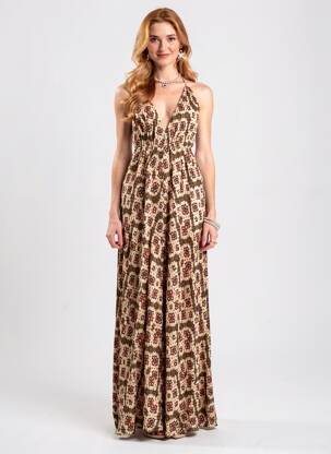 Robe longue imprimé fantaisie sans manche beige RUE MAZARINE femme