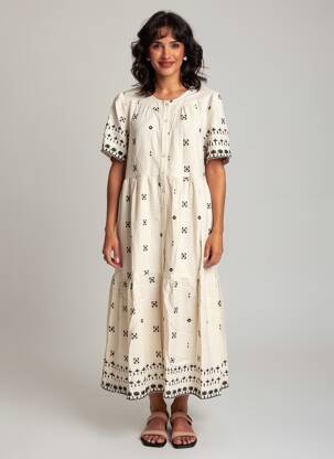 Robe mi-longue imprimé fantaisie manches courtes beige RUE MAZARINE femme
