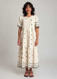 Robe mi-longue imprimé fantaisie manches courtes beige RUE MAZARINE femme