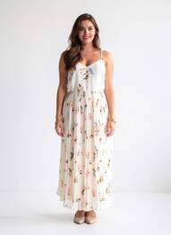 Robe longue manches bretelles ajustables fines bretelles beige VERO MODA femme