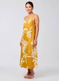 Robe mi-longue col v fines bretelles jaune AWARE femme