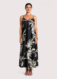 Robe mi-longue col v fines bretelles noir AWARE femme
