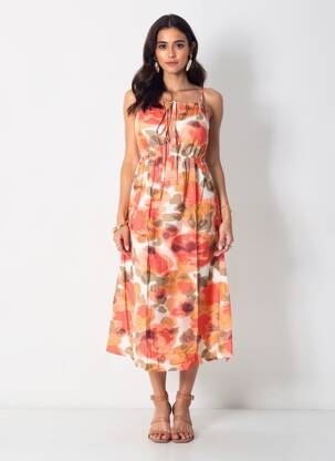 Robe mi-longue imprimé fleurs fines bretelles orange VERO MODA femme