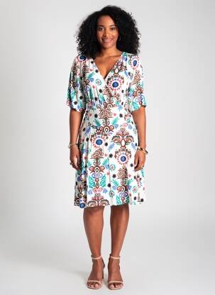 Robe mi-longue imprimé fleurs manches courtes blanc C'EST BEAU LA VIE femme