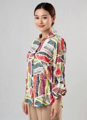 Chemisier imprimé fantaisie manches longues blanc MALOKA femme