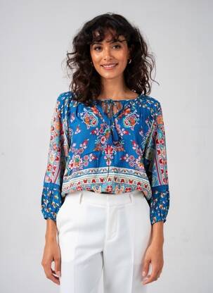 Blouse imprimé fleurs manches 3/4 bleu ORIENTIQUE NATURALLY femme