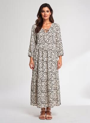 Robe longue imprimé fantaisie manches longues beige STREET ONE femme