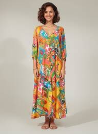 Robe longue imprimé fantaisie manches longues jaune ORIENTIQUE NATURALLY femme