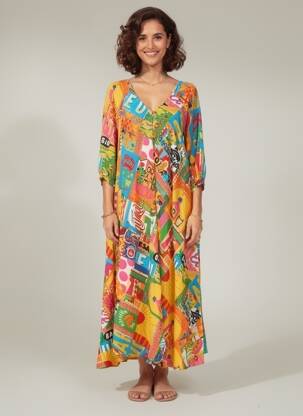 Robe longue imprimé fantaisie manches longues jaune ORIENTIQUE NATURALLY femme