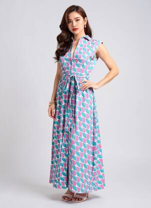 Robe longue imprimé fantaisie manches courtes bleu COMPAÑIA FANTASTICA femme