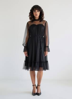 Robe mi-longue coupe fluide manches longues noir CHOKLATE femme