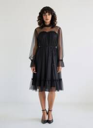 Robe mi-longue coupe fluide manches longues noir CHOKLATE femme