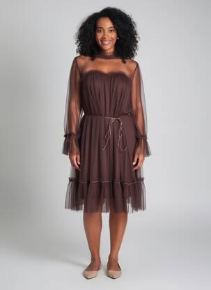 Robe mi-longue coupe fluide manches longues marron CHOKLATE femme