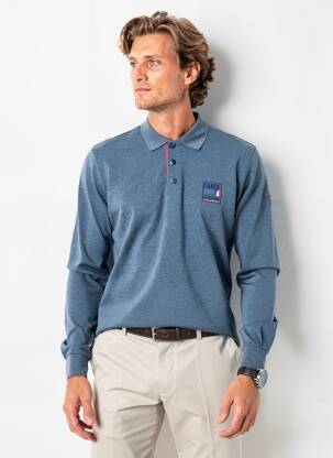 Polo tissage chiné manches longues bleu CAMBERABERO homme