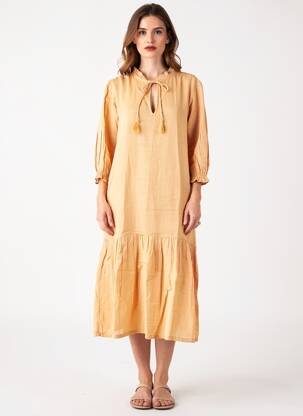 Robe mi-longue manches 3/4 manches 3/4 beige LES PETITS DORÉS femme