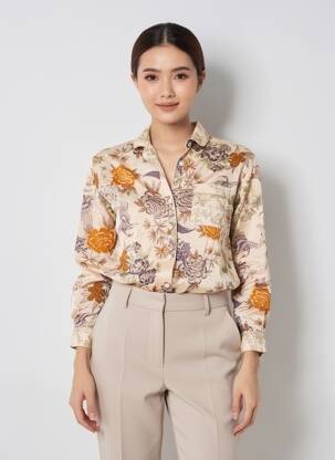 Chemisier imprimé fantaisie manches longues beige OPULLENCE femme