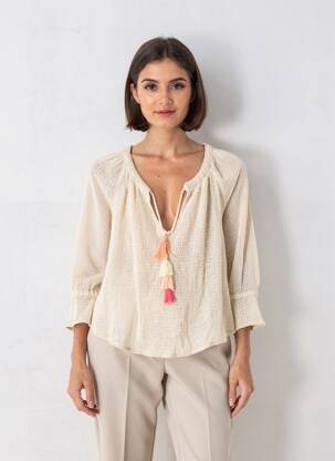 Top col v manches 3/4 beige TRAFALUC femme
