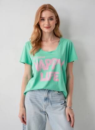 T-shirt sérigraphie floquée manches courtes vert HAPPY femme