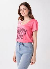 T-shirt sérigraphie floquée manches courtes rose HAPPY femme
