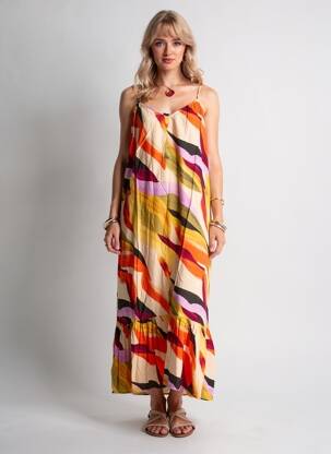 Robe longue imprimé fantaisie fines bretelles orange VERO MODA femme