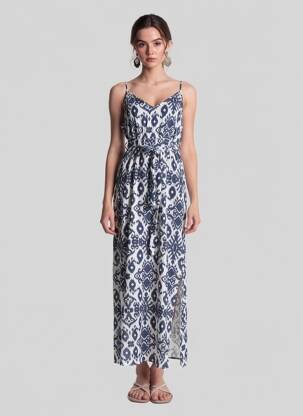Robe longue imprimé fantaisie fines bretelles bleu VERO MODA femme